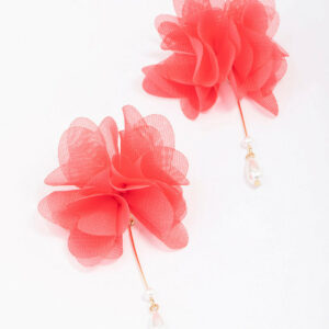 Red Fabric Flower Pearl Drop Earrings