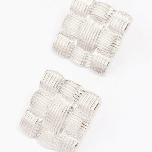 Rhodium Quilted Square Stud Earrings