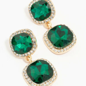 Double Square Emerald Halo Drop Earrings