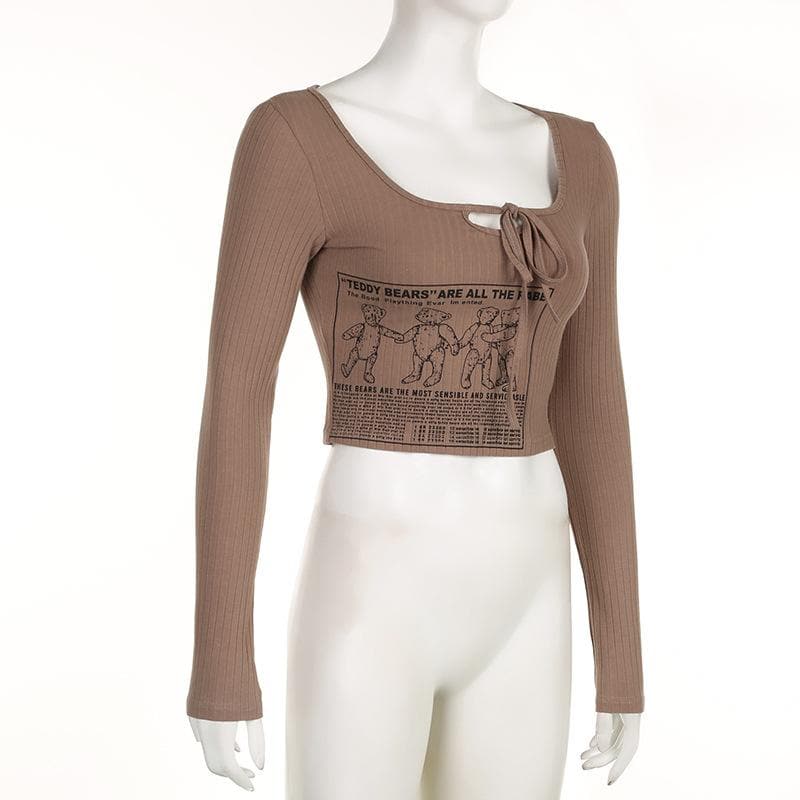 Ribbed bear pattern contrast long sleeve self tie square neck crop top - Final Sale - Image 4