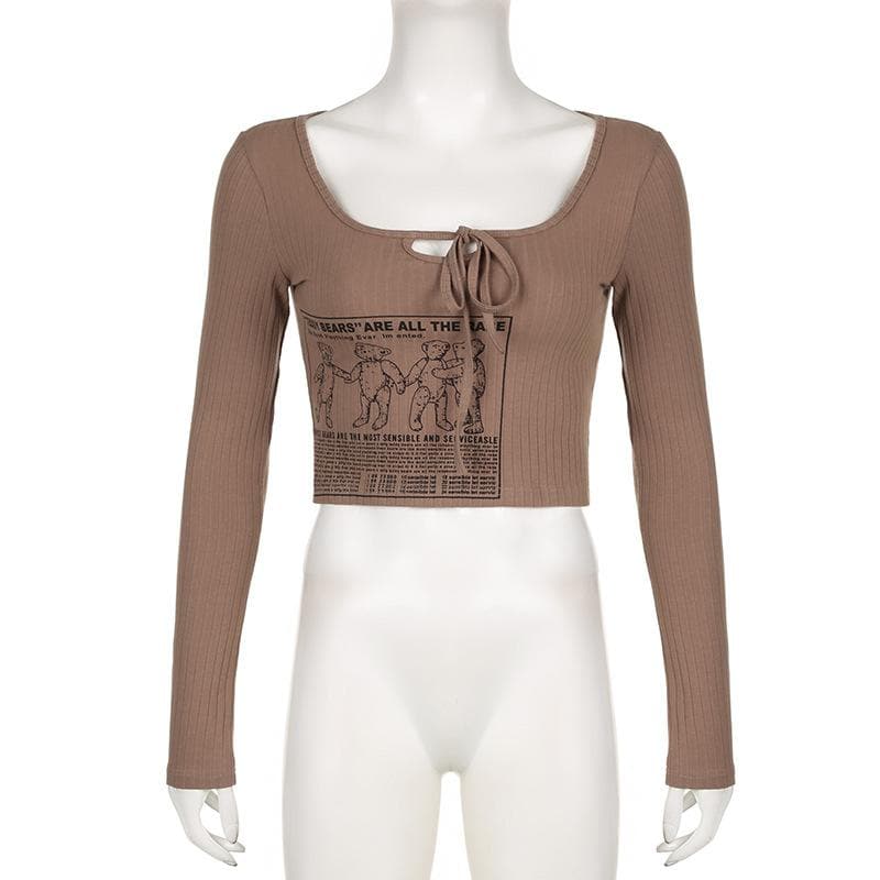 Ribbed bear pattern contrast long sleeve self tie square neck crop top - Final Sale - Image 3