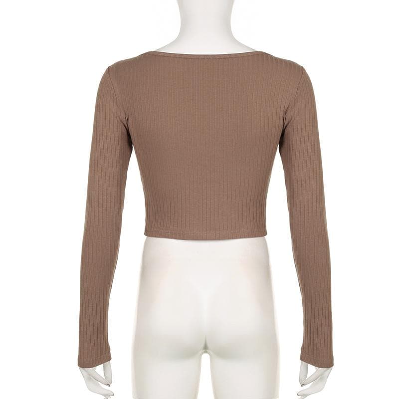 Ribbed bear pattern contrast long sleeve self tie square neck crop top - Final Sale - Image 5